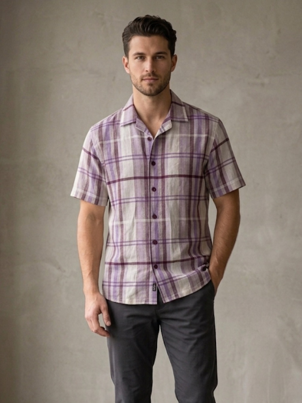 Men's Short-Sleeve Plaid Button-Down Shirt - Purple/Cream